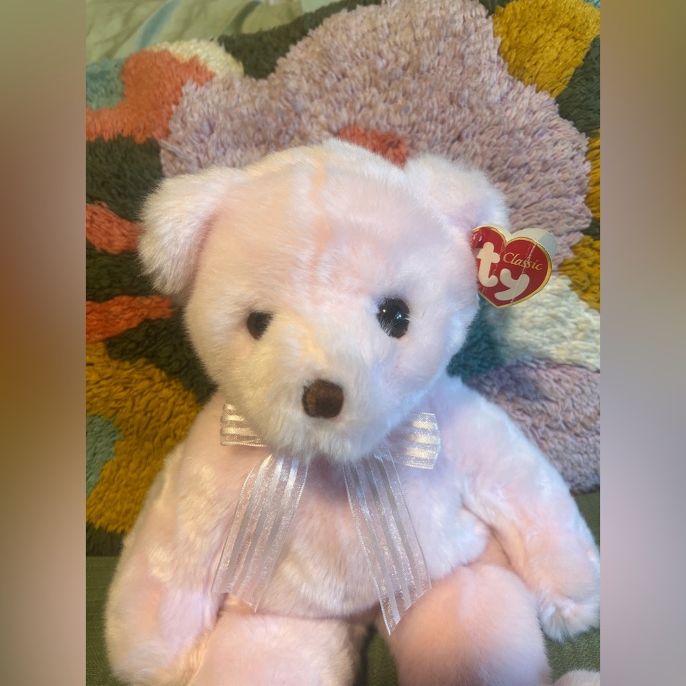 Vintage 2001 Rosette Teddy Bear Light Pink Classic Collectible TY 13” - Picture 5 of 8
